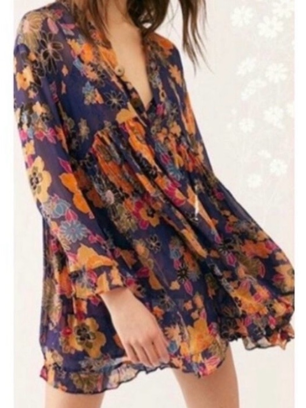 Free People Navy Floral V-Neck Tunic with Orange and Pink Accents